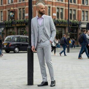 New 2026 Mens 3pc Sharkskin Light Grey Suit Set, Slim Fit